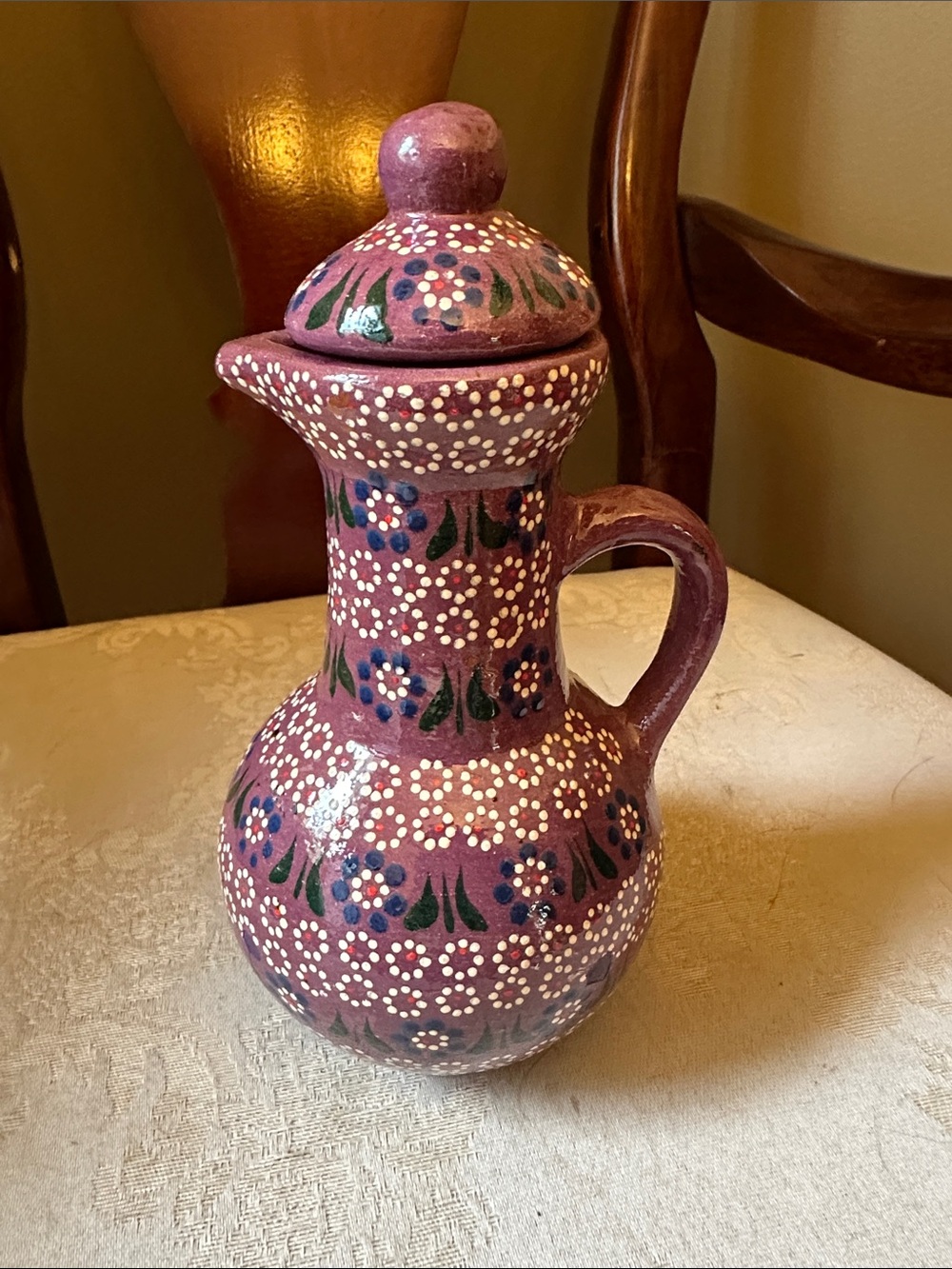 Mexican Capulineado Clay redware lidded mini pitcher from Michoacan hand painted